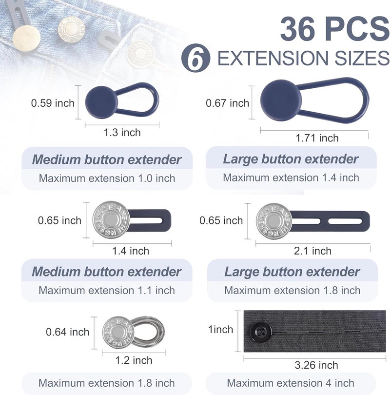 TaShow 36 Pcs No-Sew Button Extenders for Jeans, Adjustable Pants Button Extender, Invisible Waistband Extenders with Fabric Belts and Zinc Alloy Buttons, Comfortable Pants Extender for Women and Men - Image 2